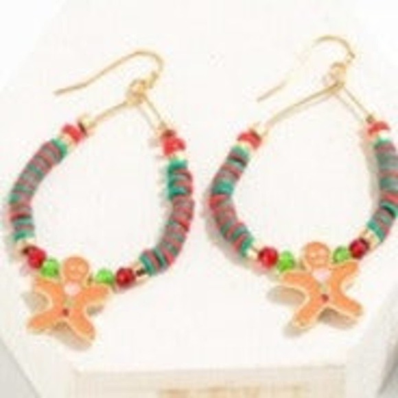 Green Red Heishi Beaded Teardrop Earrings With Gingerbread Man Charm - Picture 2 of 3